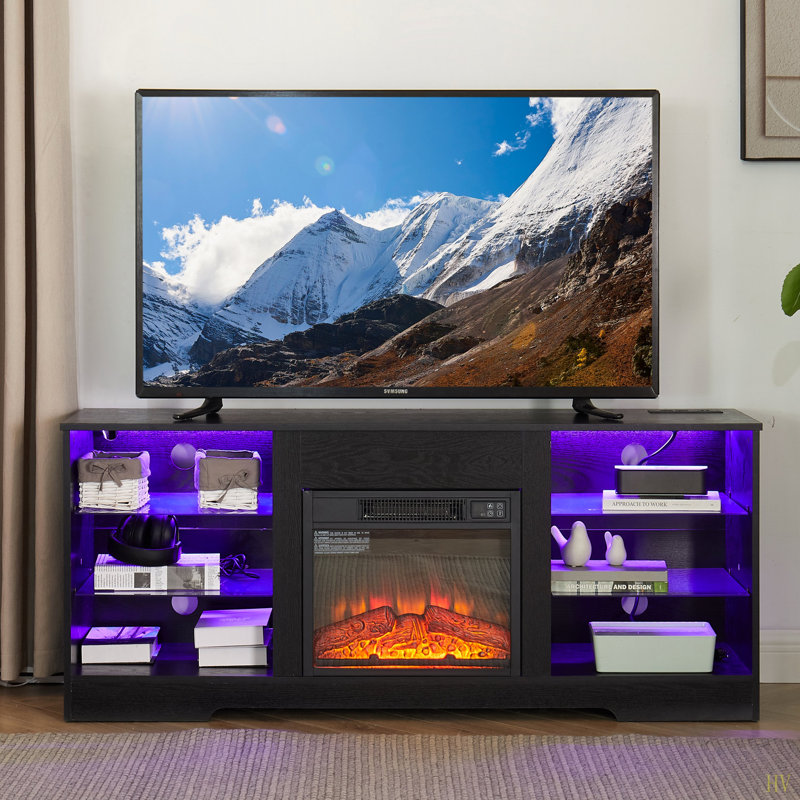 TV Stand Electric Fireplace Glass Shelves, 3D Fireplace TV Stand With LED Lights Wood With USB Charging Outlet Modern Television Table Center For TV Up To 62"  58''W*15.5''D*24.4