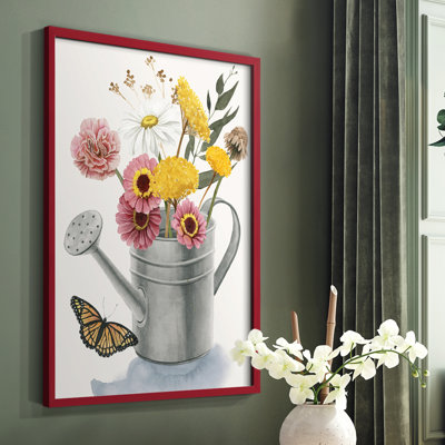 «Watering Can Bouquet I», reproduction encadrée - bois massif