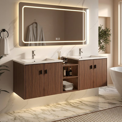 Meuble-lavabo mural 60 po avec comptoir en céramique, portes à fermeture en douceur et tablettes de rangement ouvertes 60 po