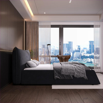 Velvet upholstered sleek black king size platform bed for bedroom relaxation with modern distinctive design