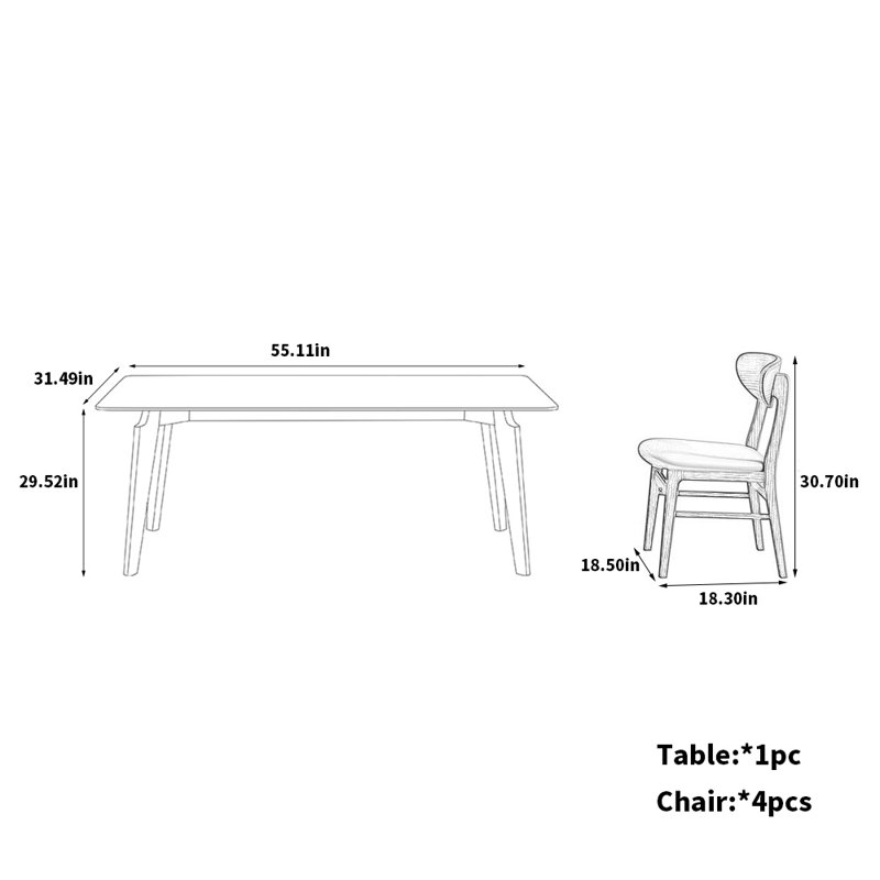 Élégante table en bois de frêne blanc avec chaise, H 29,52 po x L 55,11 po x l 31,49 po