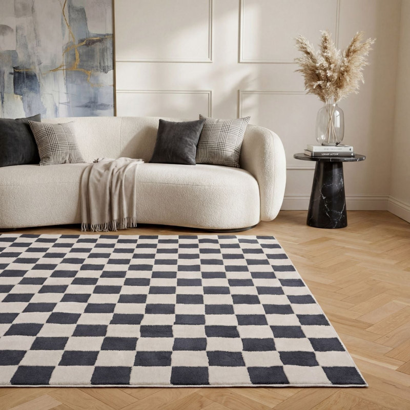 Loft Modern Checkerboard Living Room Area Rug and Runner Soft Pile, Rectangle 80 x 150 cm, Navy/Ivory