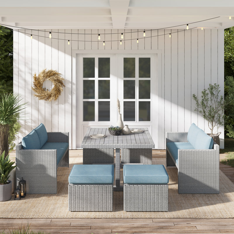 Grose 7-Piece Aluminum and Wicker Outdoor Dining Set, Light Grey Frame/Light Blue Cushion