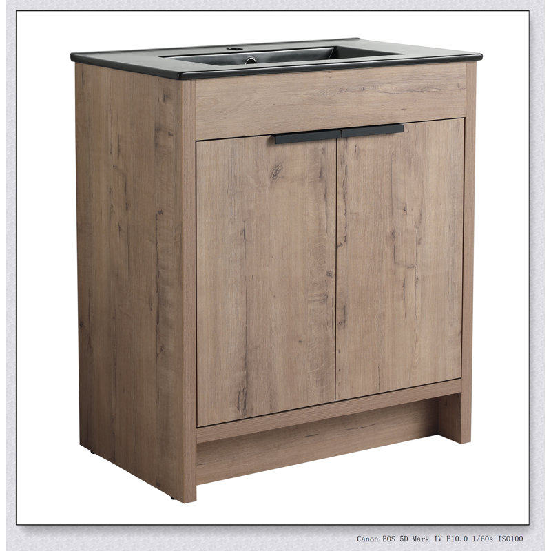 Armoire de salle de bain autoportante avec lavabo et 2 portes d'armoire à fermeture en douceur