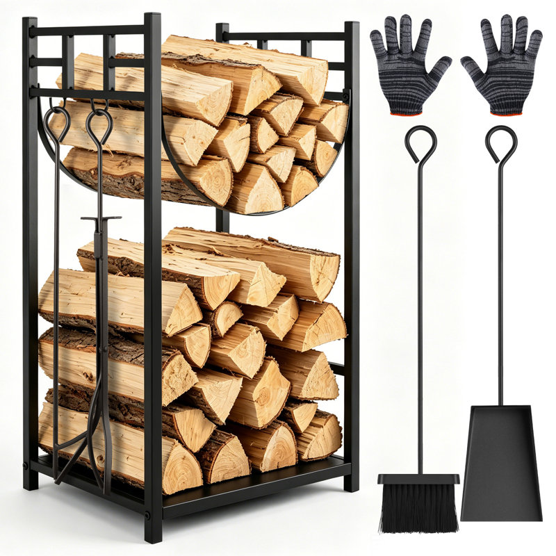 Log Holder with Hooks and Fireplace Tools