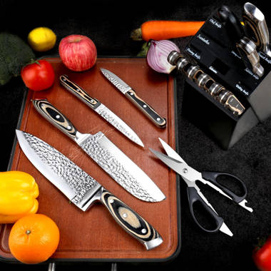 15-Piece Damascus Kitchen Knife Set with Wooden Block and 6 Pcs