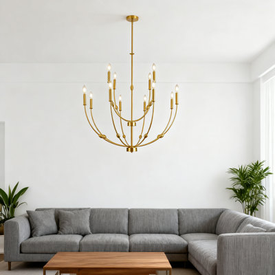 12-Light Large Chandelier For High Ceilings, 2-Tier Candle Style Rustic Hanging Light Fixture, Modern Farmhouse Gold Chandelier For Living Room Foyer Entryway
