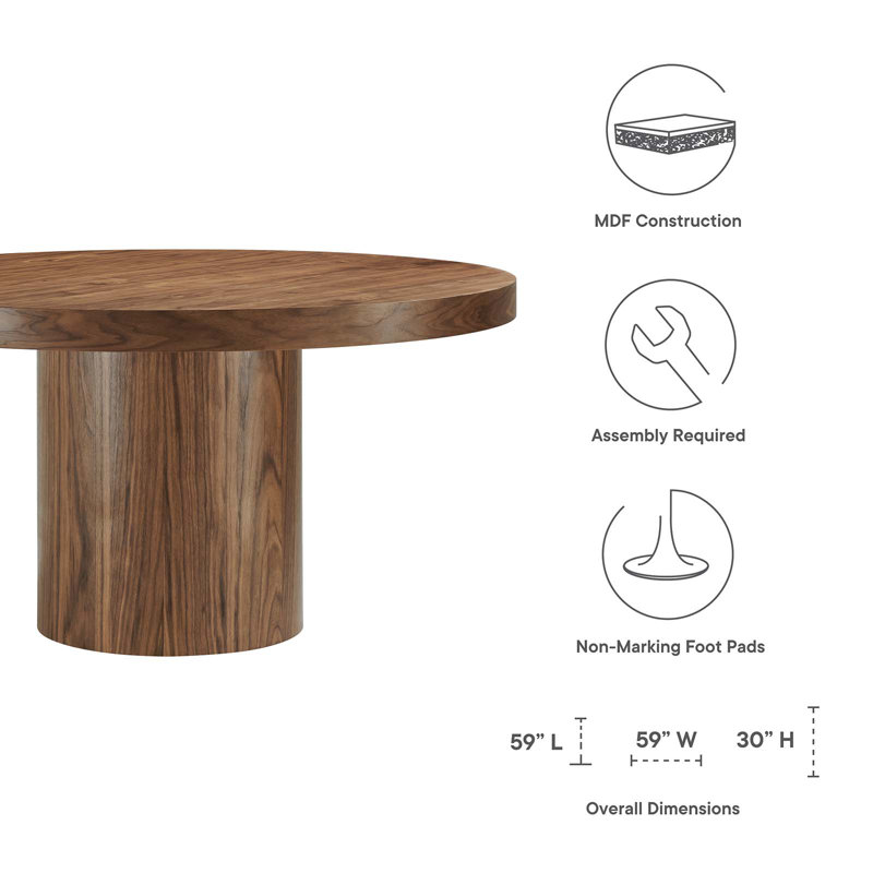 Modern Walnut 60" Round Wood Grain Dining Table for Six