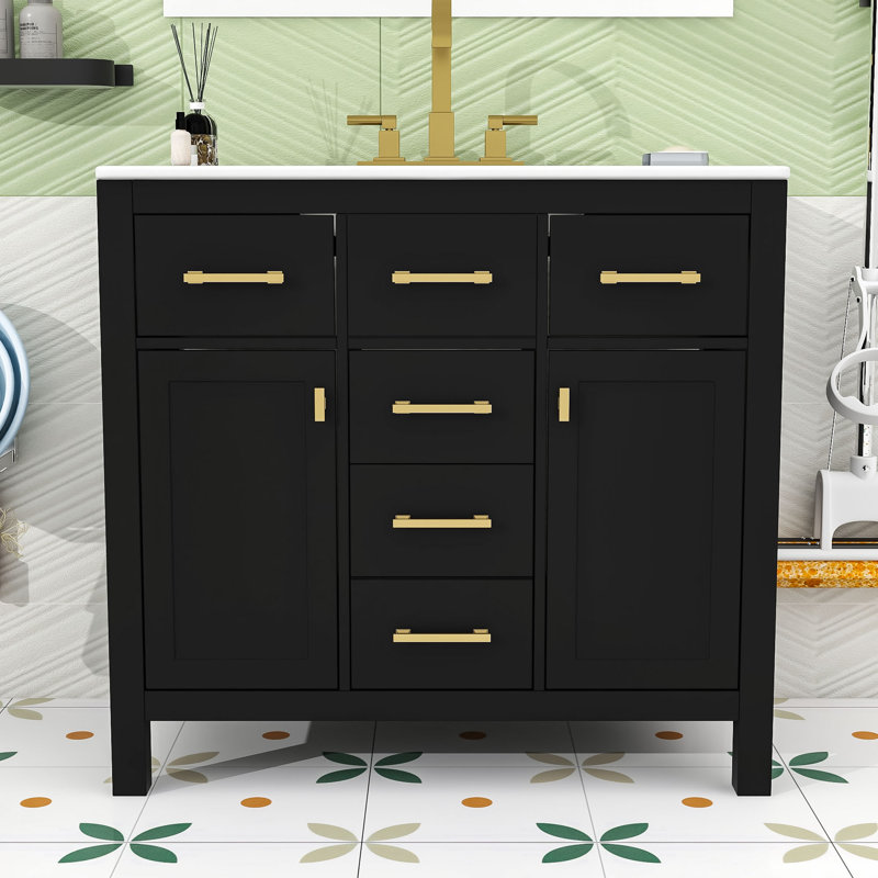 Liburd 36" Freestanding Bathroom Vanity with Ceramic Sink and Storage Cabinet Combo, Black