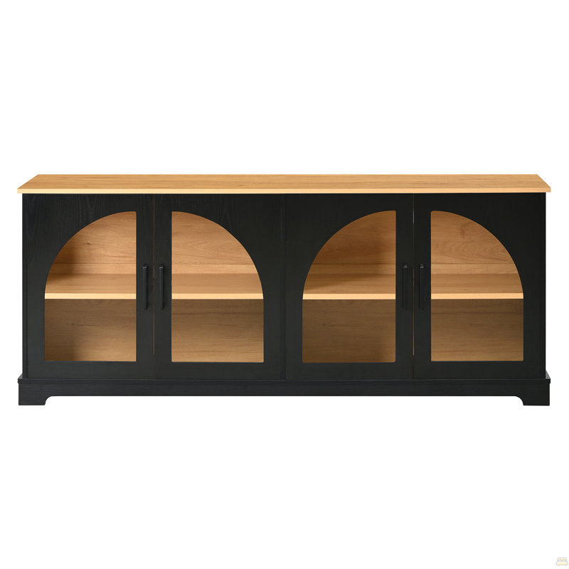 TV Stand With Semi-Arched Glass Doors For Tvs Up To 70", Two-Tone Media Console With Adjustable Shelves, Black