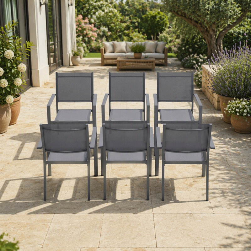 Ensemble de 6 chaises de patio extérieures robustes en métal – Toile Textilène grise résistante aux intempéries, capacité de 159 kg, structure en fer thermolaqué, empilables