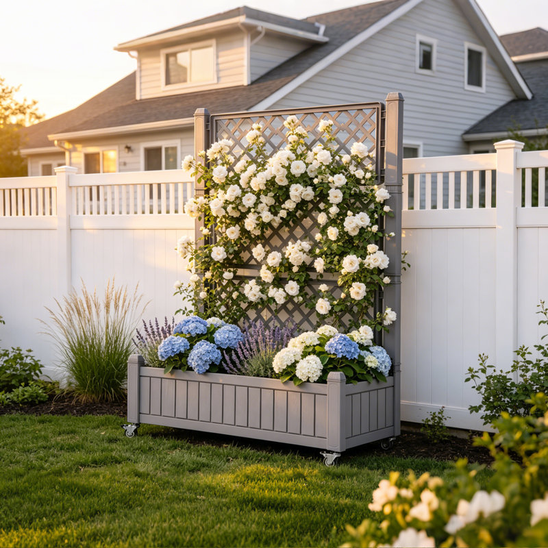 Resin Raised Garden Bed with Trellis, Light Brown