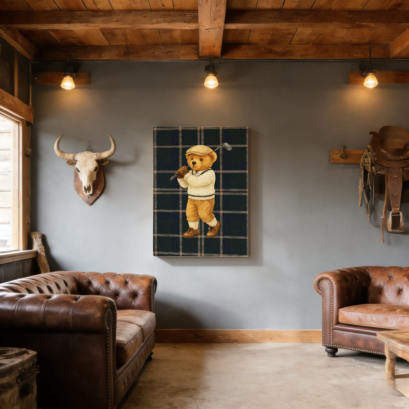 «Golfing Teddy Bear», art mural encadré en bois à l'arrière, 30 x 20
