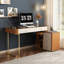 Bureau avec armoire latérale et prise électrique, plateau en verre avec revêtement en similicuir, 5 tiroirs pour bureau à domicile-133630983