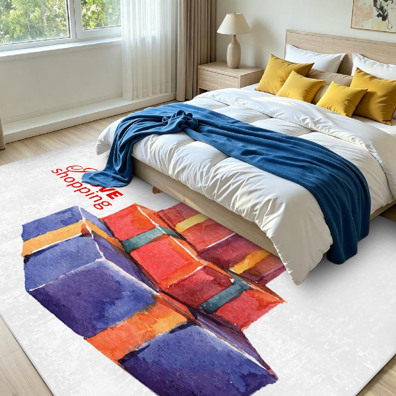 Tapis d'intérieur bleu lavable à la machine, boîte-cadeau aquarelle avec nœud, Rectangle 71 po x 98 po