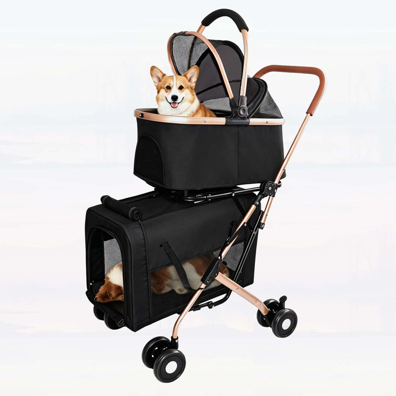 Poussette double pour chiens et chats, cadre pliable, sac de transport convertible 3-en-1, roues antichoc, système de frein, laisses de sécurité fixes pour animaux de compagnie de petite et moyenne taille dans les maisons multi-animaux