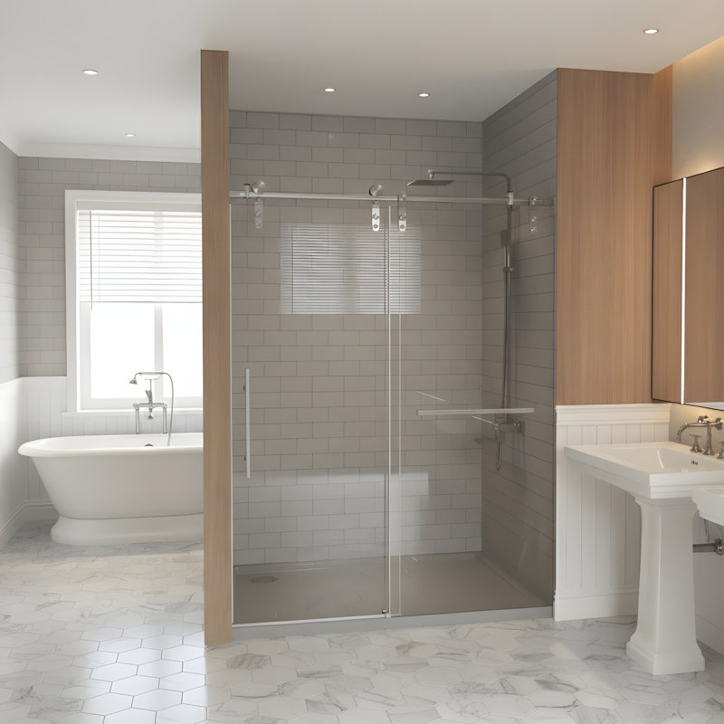 56-60" x 76" H Frameless Sliding Shower Door, 5/16" (8mm) Clear Tempered Glass, Stainless Steel Frame,Brushed Nickel