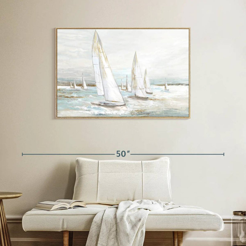 Voiles balayées par le vent I, Cadre flottant en bois naturel, 40 po x 27 po