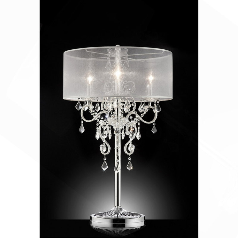 Grande lampe de table 35 "Evangelia", finition argentée et accents de cristal, abat-jour transparent