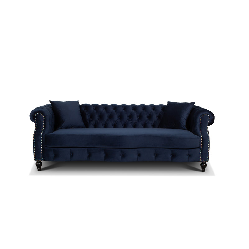 Mitchellville 3 Seater Velvet Scroll Arms Sofa, Navy Blue