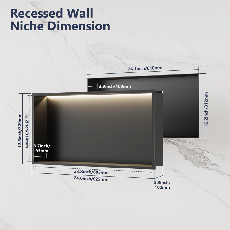 Niche de douche à DEL 24 po x 12 po avec lumière chaude - niche murale encastrée en acier inoxydable, tablette de douche sans carrelage nécessaire avec éclairage DEL, insert de rangement de salle de bain noir mat