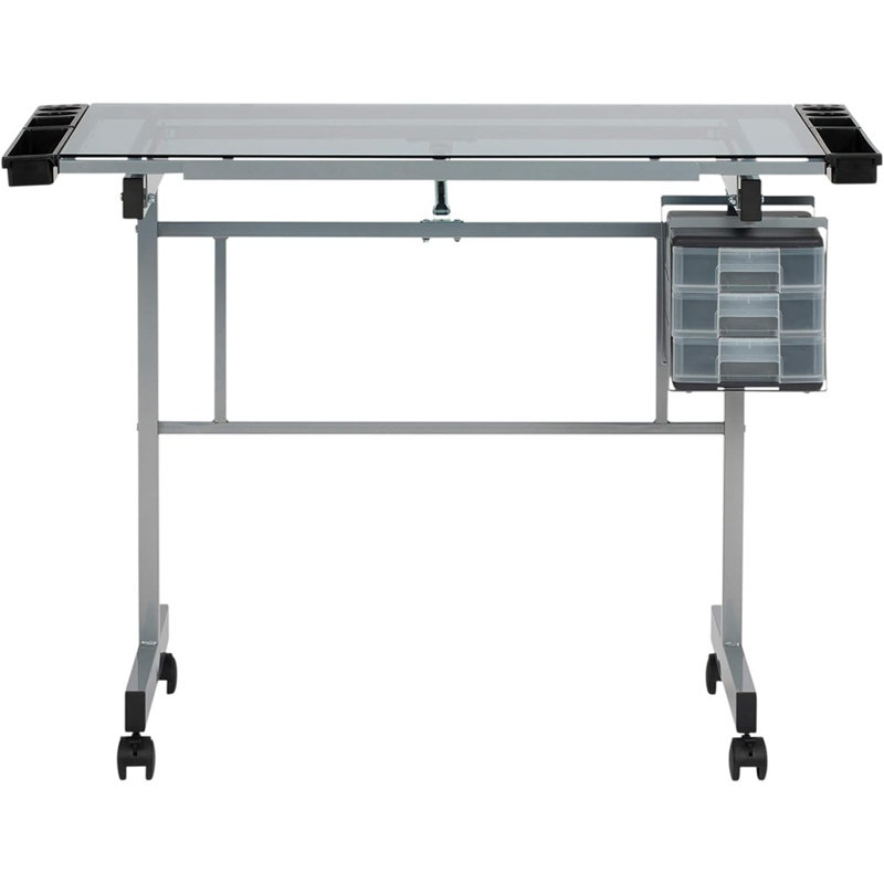 Silver-Blue Tempered Glass Craft & Drawing Desk with Adjustable Angle