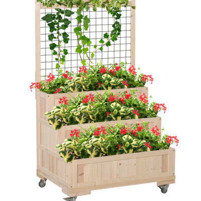 53" H Vertical Planter With 3 Raised Garden Bed, Trellis, Wheels And Back Storage For Flower, Veggie, Herb Plants Bed On Wheels, Vegetable,
