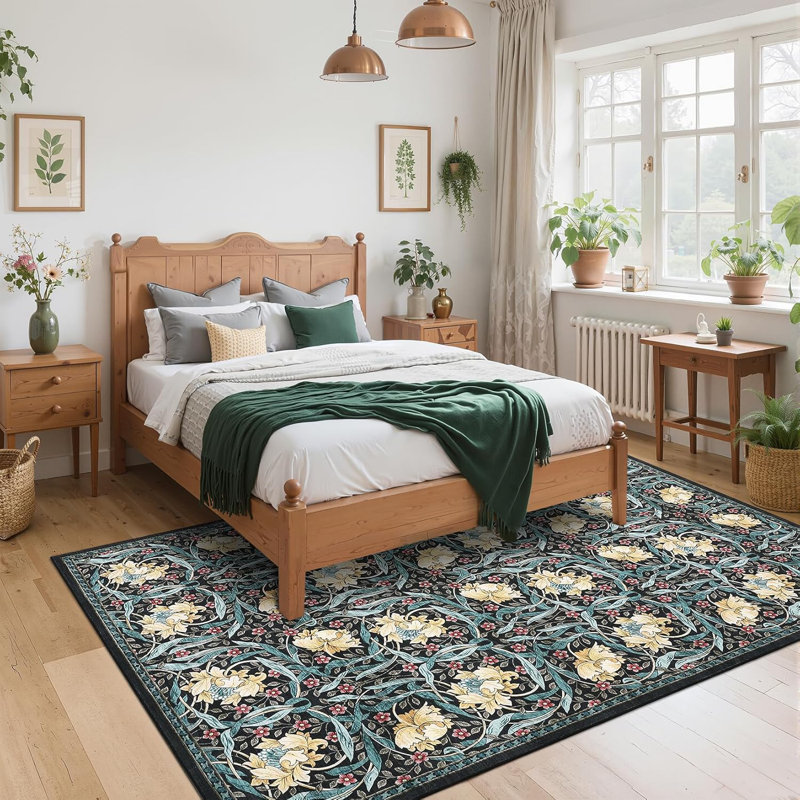Washable Vintage Floral Hallway Runner Rug, Non-Slip, Stain-Resistant, for Kitchen, Laundry & Bathroom - Black
