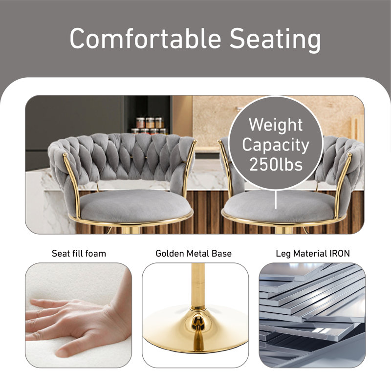 Madeehah Swivel Upholstered Adjustable Height Counter Stool with Metal Frame, Gray