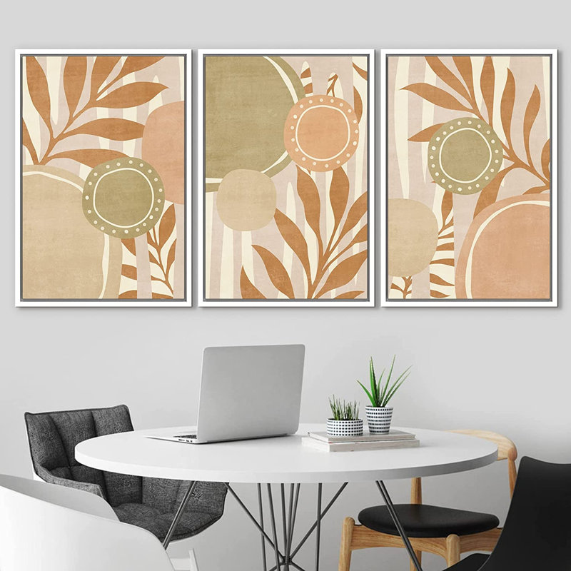 «Mid Century Shape Ring Circle Palm Leaf», ensemble de 3 impressions sur toile, H 24 po x l 48 po x P 1,5 po, Blanc