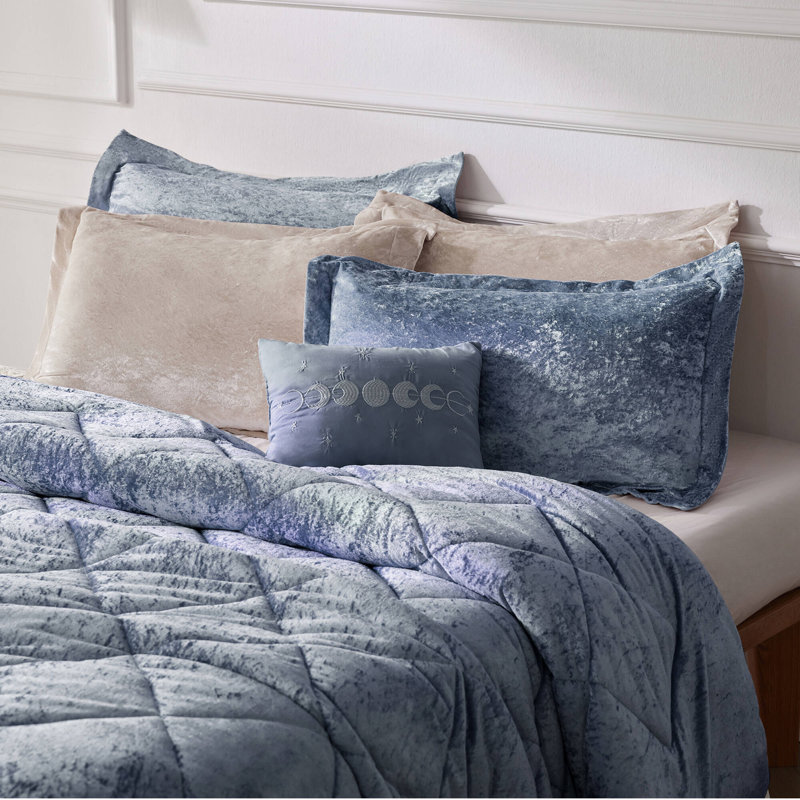 Felicia Crushed Velvet Quilted Duvet Set with Throw Pillow, Twin/Twin XL Duvet Cover + 1  Shams +Throw Pillow, Blue