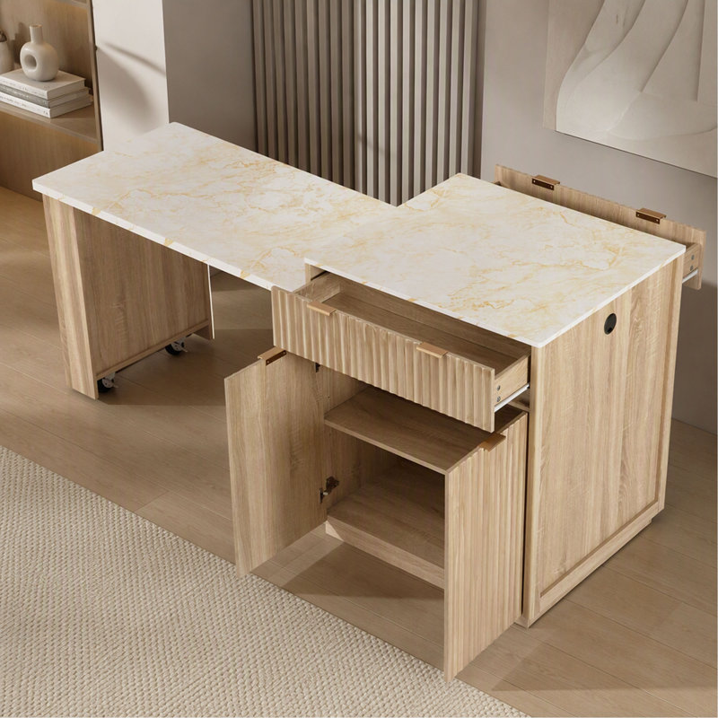 Îlot de cuisine cannelé K&K de 210 cm avec table à manger extensible pour 4 à 6 personnes, table d'îlot avec prise électrique, table de cuisine avec rangement double face, 2 tiroirs et 2 étagères latérales ouvertes.