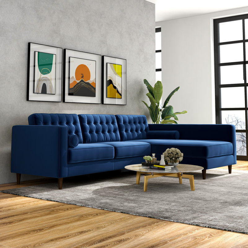 Antenore Velvet L-Shaped Sectional, Dark Blue Velvet, Right Hand Facing