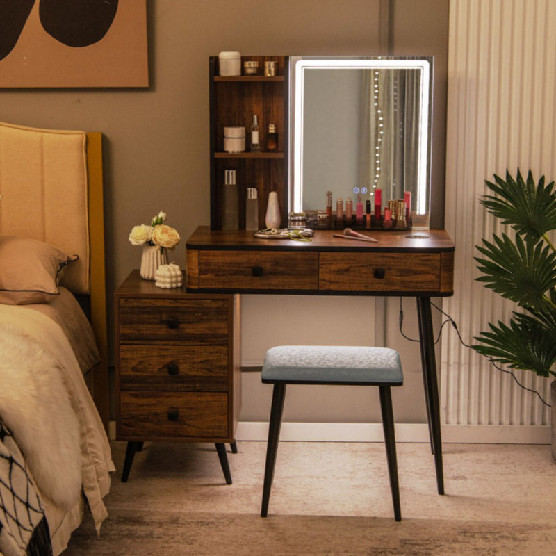 Vanity Makeup Table Set with Lighted Mirror, Brown/Black
