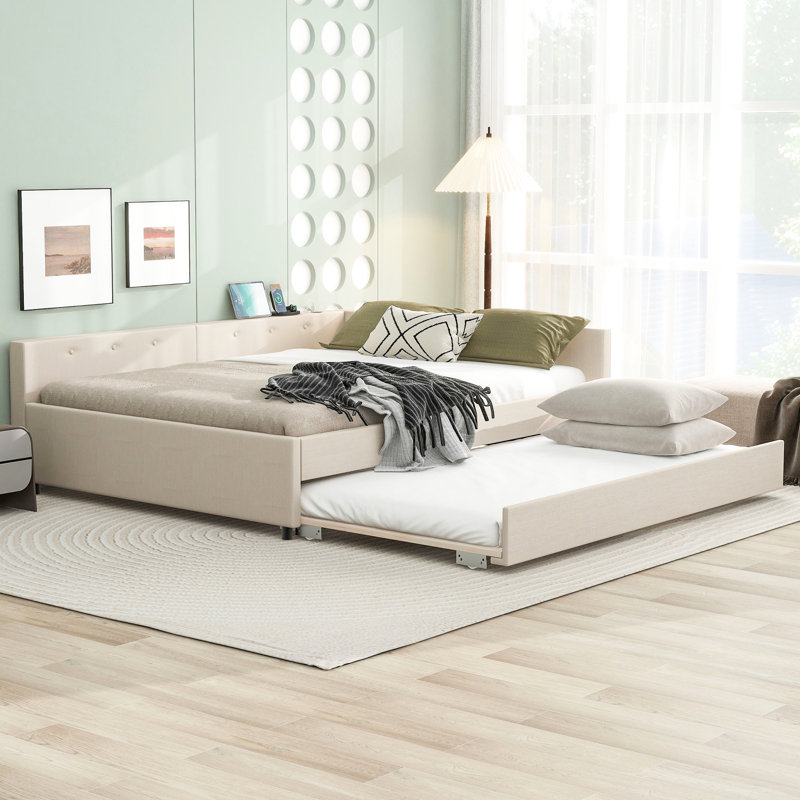 Lit plateforme tapissier grand avec lit simple et gigogne beige, Grand lit