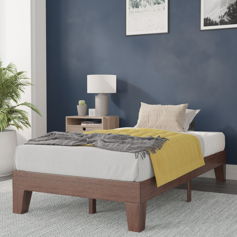 Platform Bed with Wooden Support Slats, No Box Spring Required, Twin, Walnut