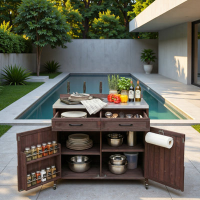 Outdoor Kitchen Island With Stainless Table Top, Large Drawer, Adjustable Shelves, Internal Storage Racks And 4 Wheels