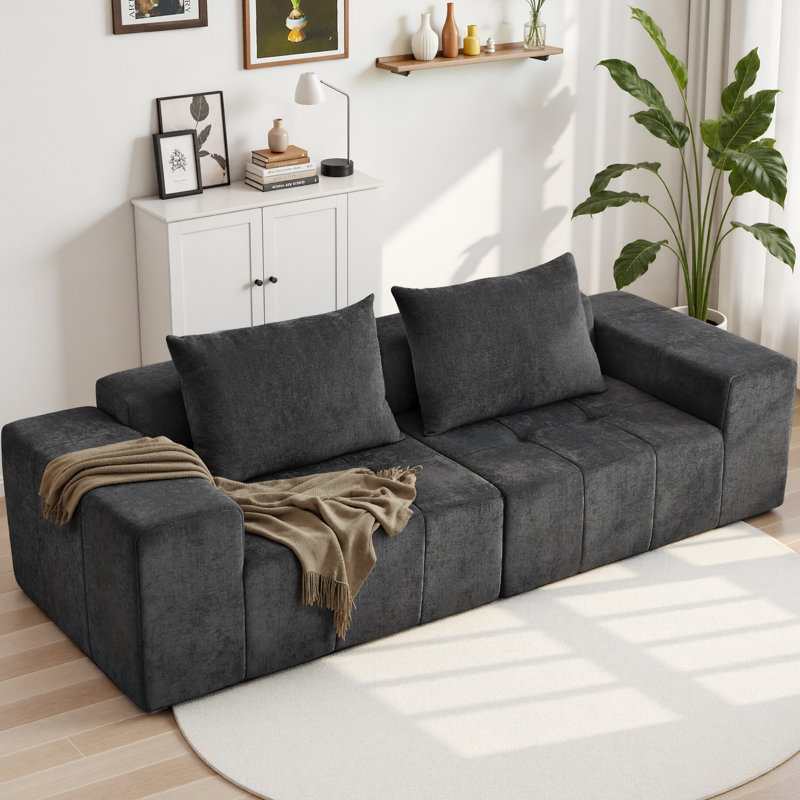 Canapé en chenille de 107 po avec très grands accoudoirs, canapé rembourré confortable pour le salon, Noir