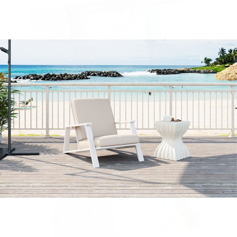 Chaise longue de patio, fauteuil club d'extérieur avec coussin beige et structure en bois d'acacia, Blanc