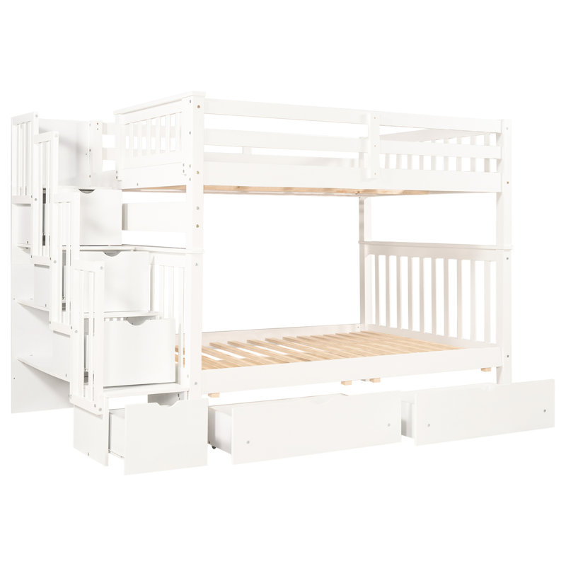 Lit superposé double blanc avec tablettes et tiroirs de rangement multiples, escalier à quatre marches pour une montée en toute sécurité, barrière de sécurité supérieure en blanc, organisation de la pièce à 6 tiroirs, résistance en bois de pin massif