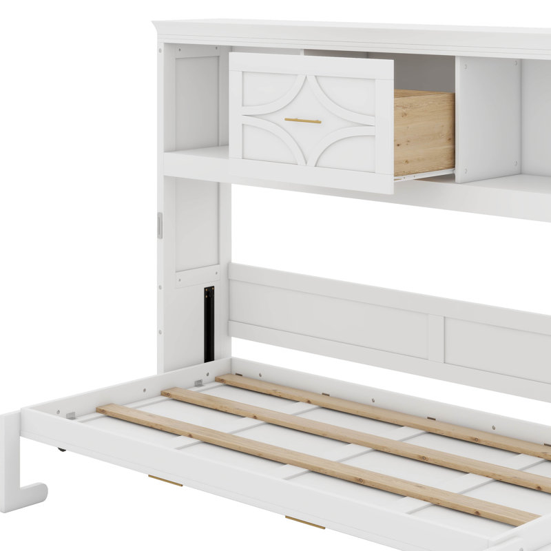 Lit escamotable avec station de charge et tiroir, Blanc