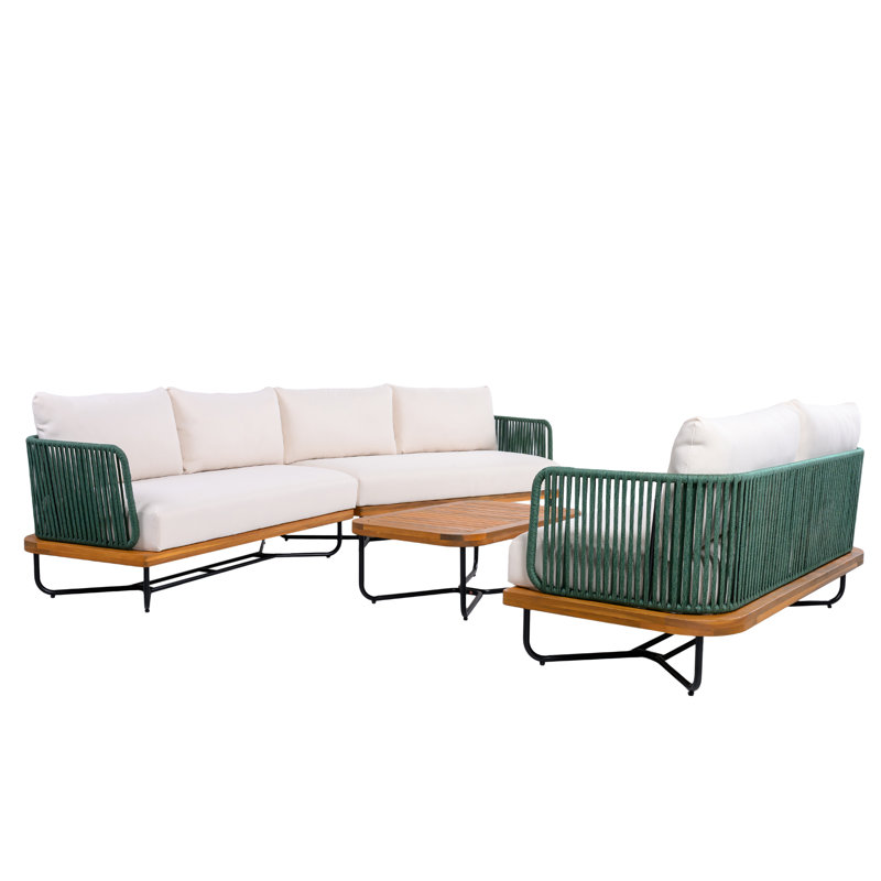 Sullivan Outdoor 4-Piece Acacia Wood Woven Rope Conversation Set With Cushions, Beige Cushion/Green Rope Teak Frame