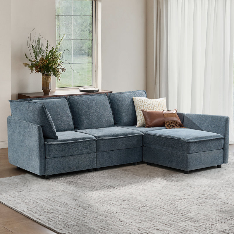 Talani Modern 4 Seater Slipcovered Corner Sofa with Hidden Storage, Blue