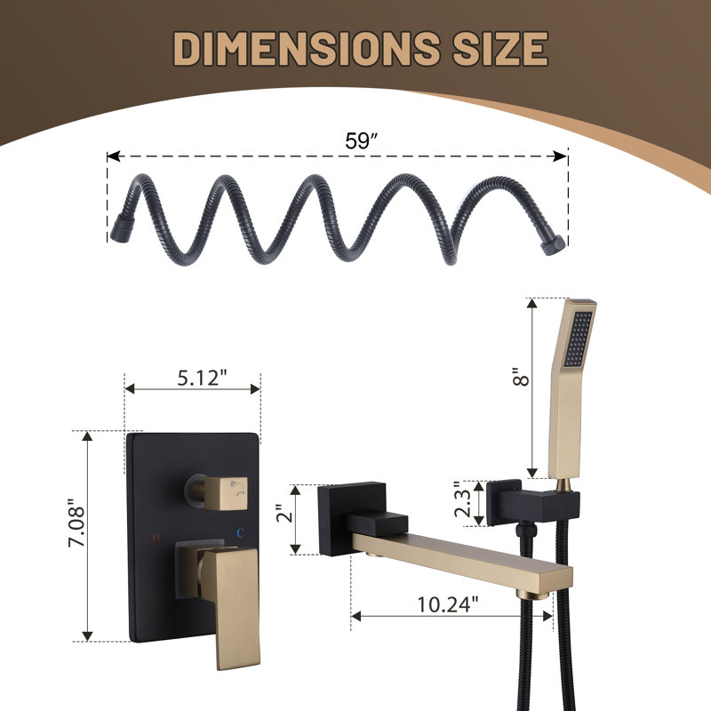10-2/5" Solid Brass Wall Mounted Bathtub Faucet with Handheld Shower, Brushed Gold/Matte Black