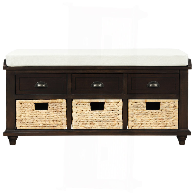 Rustic Storage Bench With 3 Drawers And 3 Rattan Baskets, Espresso