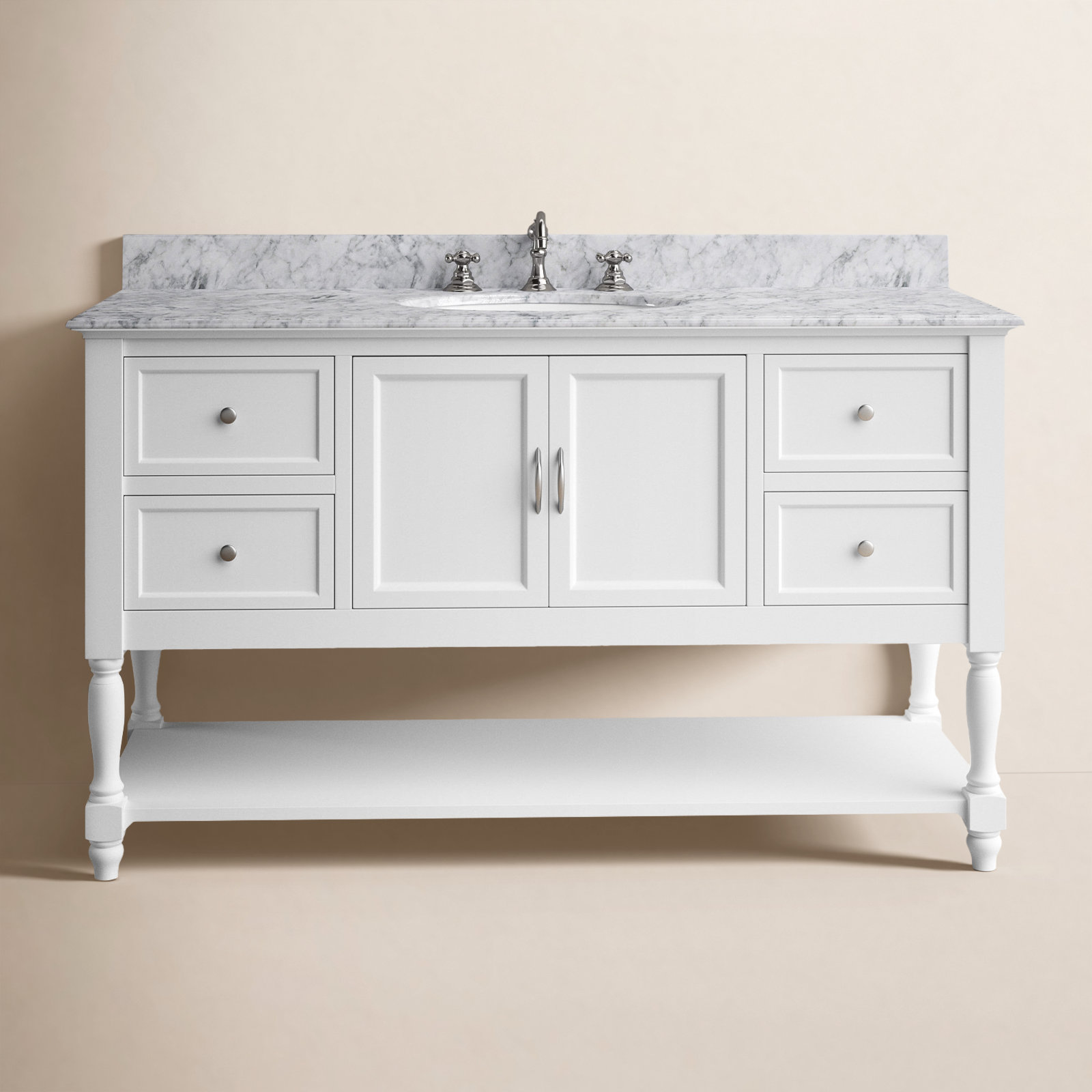 Hampton 60'' Single Bathroom Vanity, White, Carrara Marble