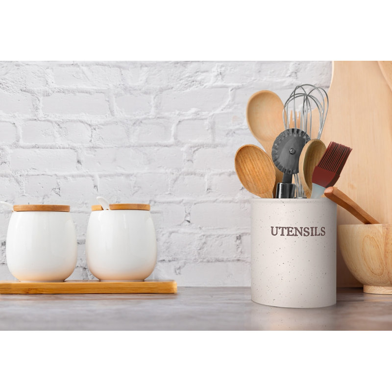 Cream Speckled Ceramic Utensil Crock Holder, 6 Inches
