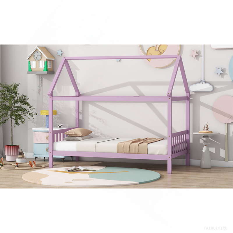 House Bed With Headboard And Footboard,  Rubber Wood Bed With House Frame,Pink, Pink