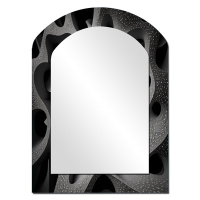 Through The Rabbit Hole Black White Maze III - Geometric Arch Wall Mirror, Black Asymmetrical Decorative Mirror, Printed Metal Art