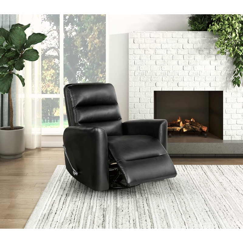Glider Reclining Chair Swivel Motion Gray Breathable Faux Leather Upholstery Luxury Living Room Furniture, Movie Chair, Black